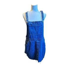 H&M Blue Denim Overall Dress raw edge hem, size 12, EUC